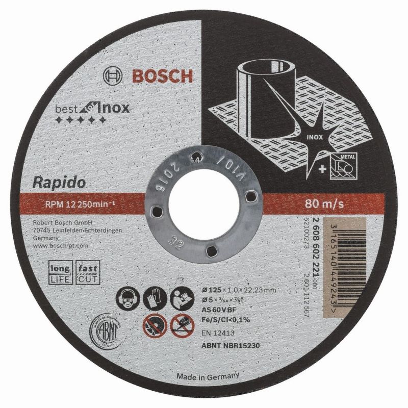 Диск за рязане BOSCH прав, Best for Inox - Rapido Long Life, A 60 W BF 41, 125 mm, 22,23 mm, 1,0 mm, 1 бр, / 2608602221